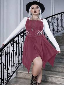 PUNK Plus Lace Up Front Asymmetrical Hem Overall Dress Without Tee - Burgundy - View 6