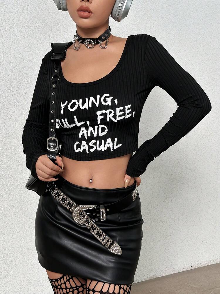 Slogan Graphic Scoop Neck Crop Tee
