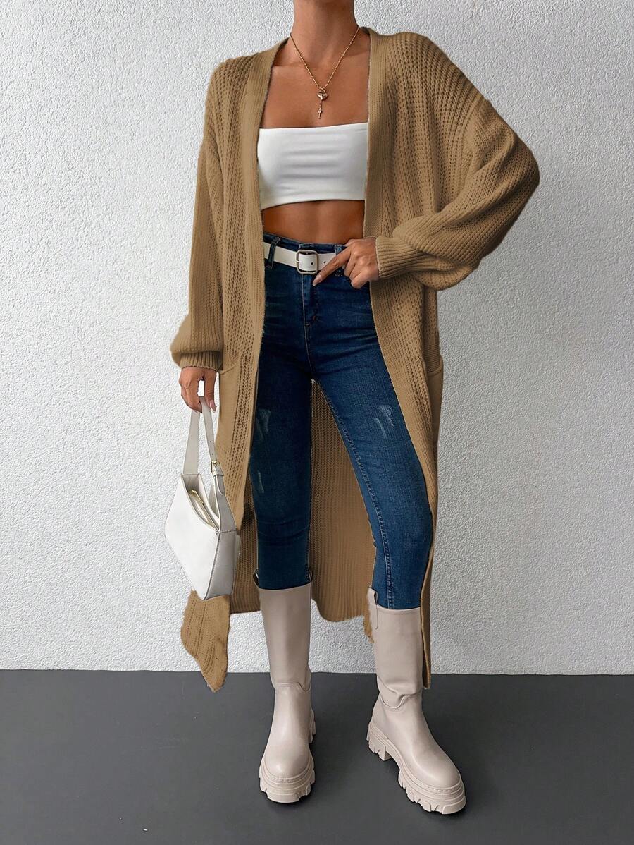 EURMUSE Solid Color Drop Shoulder Cardigan Sweater - Beige - View 1