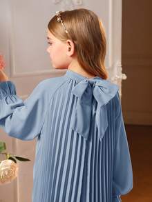 SHEIN 女大童1入組後綁帶蝴蝶結荷葉袖百褶洋裝 - 霧霾藍 - 查看 6