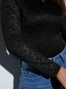 Anewsta Leopard Jacquard Mock Neck Bodysuit - Black - View 7