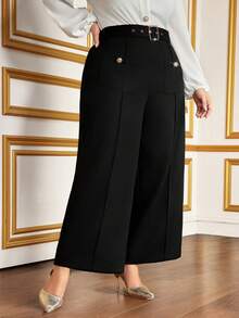 Modelyn Plus High Waist Wide Leg Pants Without Belt - Black - View 5