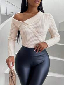 Zolique Asymmetrical Neck Button Detail Ribbed Knit Sweater Knit Pullover Fall Winter Outfit