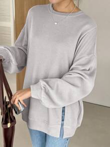 DAZY Drop Shoulder Split Hem Sweatshirt,Long Sleeve Tops,Fall Clothes,Back To School Clothes - Grey - View 7