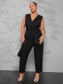 SHEIN BAE Plus Shawl Collar Belted Jumpsuit - Black - View 6