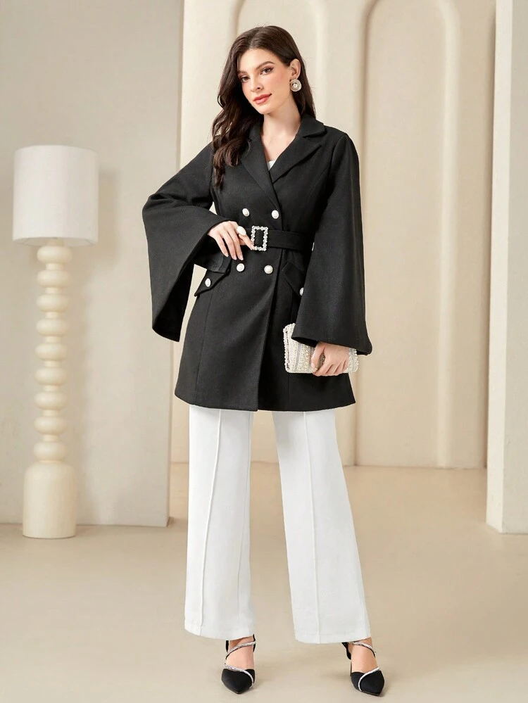 Women's Woolen Coat With Cape Sleeves, Lapel Collar, Double Breasted Buttons And A Waist Belt Fall Cloth For Women
