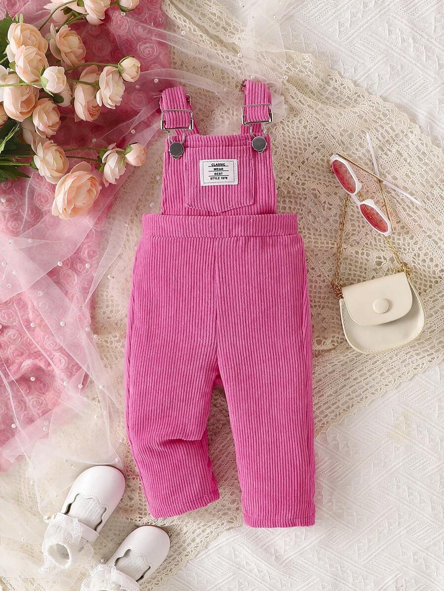 Baby Girl Letter Patched Detail Overall Jumpsuit - Hot Pink - View 1