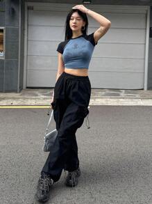 DAZY 印花插肩袖短款T恤 - 藍色 - 查看 6