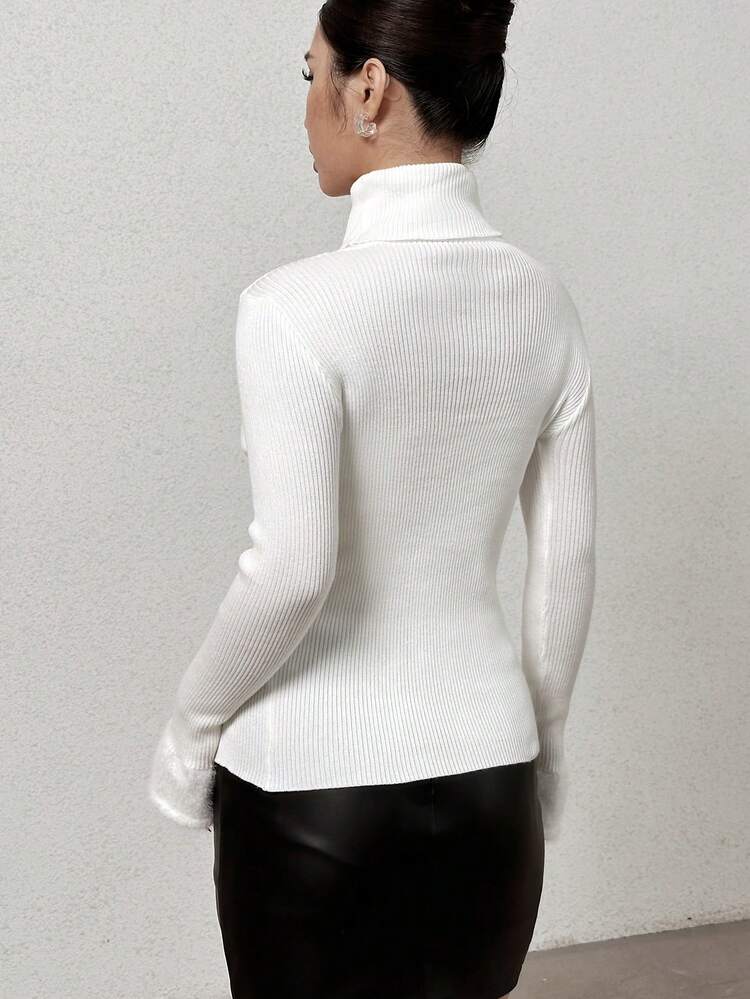 Turtleneck Fuzzy Cuff Split Hem Knit Pullover Fall Winter Sweater