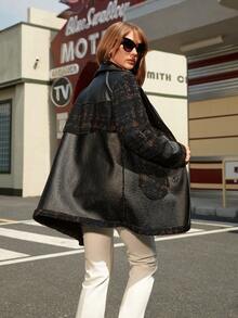 Contrast Lace Slant Pocket PU Leather Reversible Padded Coat - Black - View 2