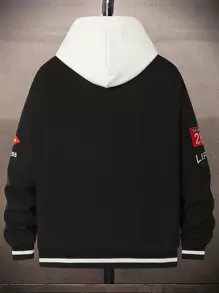 Manfinity Homme 1 件男士宽松字母印花条纹边饰保暖冬季外套 - 黑色 - 查看 2