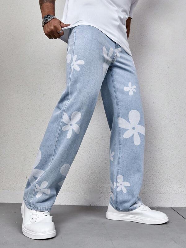 Manfinity Hypemode Men Floral Print Straight Leg Jeans Baggy Long Washed Light Jean Cargo Graphic Plain Blue Party Funny Couple Matching