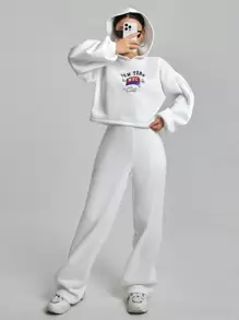 EURMUSE Letter Graphic Drop Shoulder Hoodie & Sweatpants - White - View 5