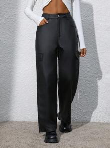 SHEIN Unity Flap Pocket Side Cargo Pants Fall Cloth For Women - Black - View 3