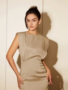 Women's Casual Sleeveless Short Dress, Simple Crew Neck Minimalist Style, For Spring And Summer Business Casual Outfits - Khaki - View 3