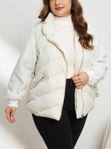 SHEIN Privé Plus Size Winter Patchwork Long-Sleeved Jacket With Waistband And Waist Design - Beige - View 4