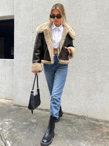 SHEIN Essnce Teddy Lined Zip Up PU Leather Jacket - Brown - View 3