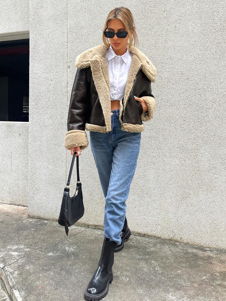 SHEIN Essnce Teddy Lined Zip Up PU Leather Jacket - Brown - View 3