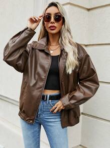 SHEIN LUNE Áo khoác nữ Túi Dây kéo màu trơn Giải trí - Cà phê nâu - Xem 1