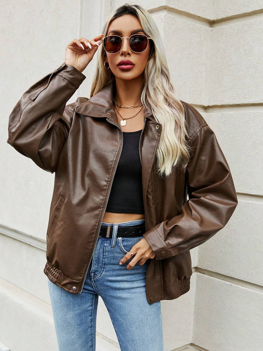 SHEIN LUNE Áo khoác nữ Túi Dây kéo màu trơn Giải trí - Cà phê nâu - Xem 1