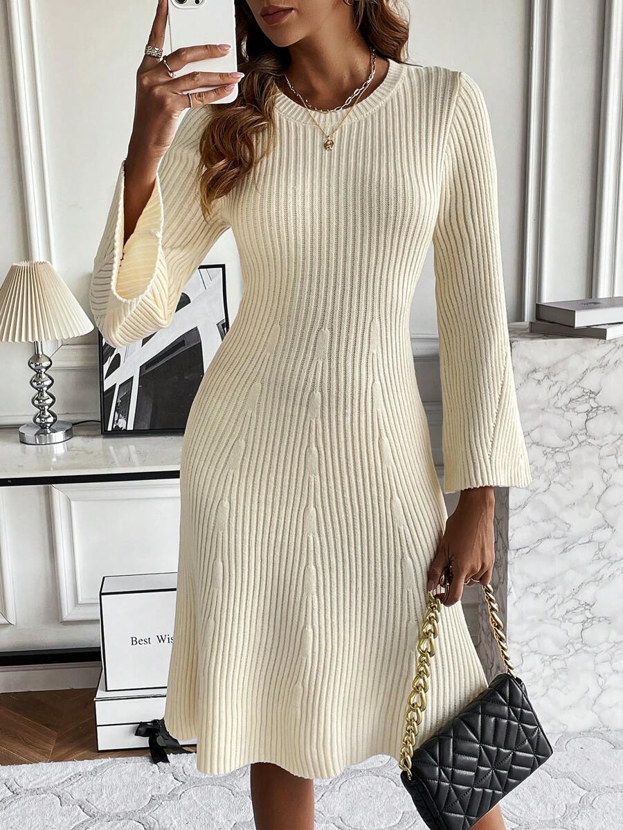 SHEIN Clasi Vestido de punto unicolor de manga amplia tejido de canalé sin cinturón - Albaricoque - Ver 1