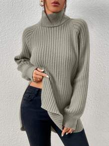 EURMUSE Turtleneck Raglan Sleeve Split Hem Sweater - Green - View 4