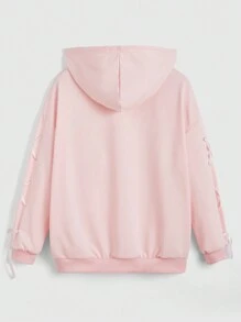 ROMWE Kawaii 女性卡通兔子刺繡拉鏈式連帽衫帶袋鼠口袋 - 粉色 - 查看 2