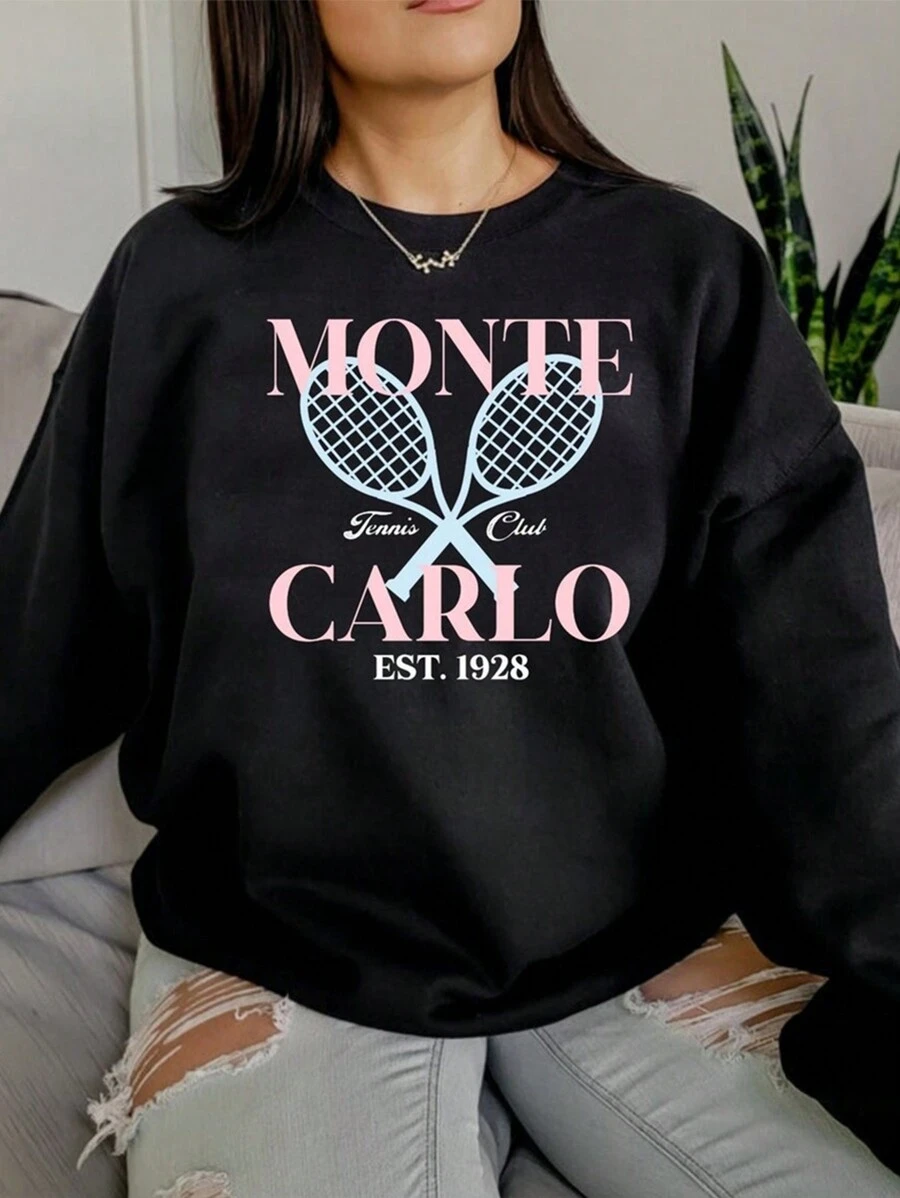 SHEIN Unity 大碼網球圖案運動衫 - 黑色 - 查看 1