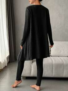 纯色背心、系腰裤和睡袍家居服套装，舒适休闲，秋冬服装 - 黑色 - 查看 2