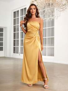 SHEIN Belle Twist Detail Split Thigh Satin Tube Bridesmaid Dress - Yellow - View 1