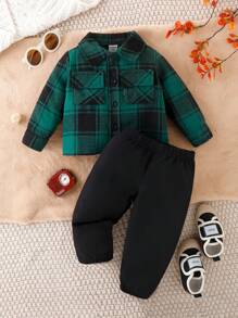 圣诞宝宝格子印花翻盖口袋衬衫和裤子（不含 T 恤）