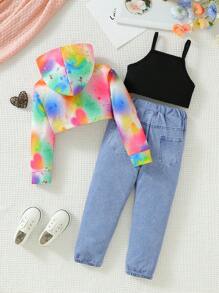 SHEIN Young Girl Tie Dye Expression Print Hoodie & Pants & Cami Top