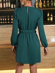 SHEIN Privé 圓領燈籠袖連衣裙 - 綠色 - 查看 2