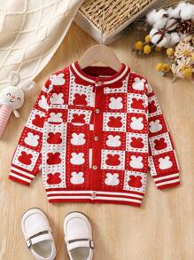 SHEIN Young Girl Cartoon Pattern Striped Trim Cardigan - Red - View 1