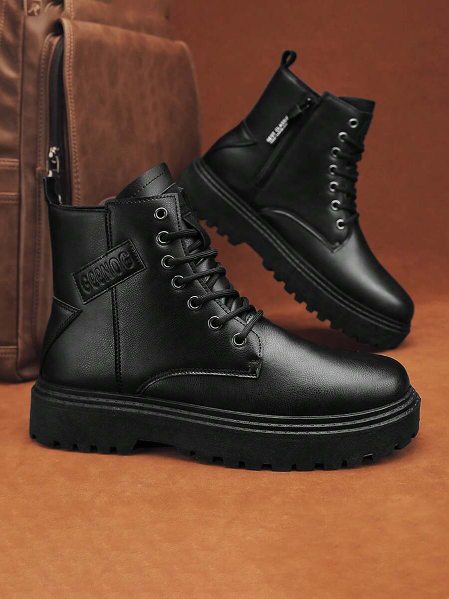 Men's High-top Stylish Solid Color Boots For Autumn And Winter - Black - View 1