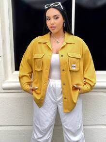 SHEIN EZwear Plus Letter Patched Flap Pocket Drop Shoulder Coat - Yellow - View 1