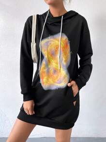 SHEIN Unity Dragon Print Drop Shoulder Drawstring Hooded Sweatshirt Dress Pullover Fall Outfit - Black - View 4