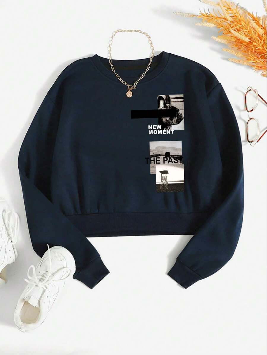 Áo pull ấm áp Lá thư & Hình ảnh In - Màu xanh hải quân - Xem 1