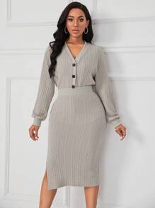SHEIN Clasi Solid Button Front Top & Split Thigh Skirt - Light Grey - View 1