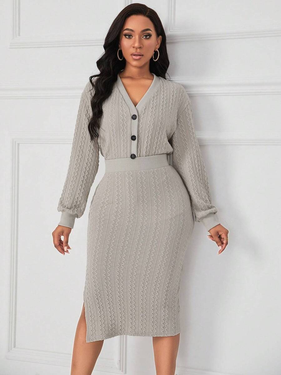 SHEIN Clasi Solid Button Front Top & Split Thigh Skirt - Light Grey - View 1