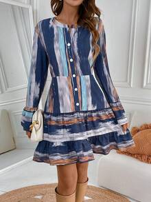 SHEIN Unity 筆刷圖案喇叭袖荷葉邊洋裝不附腰帶 - 彩色 - 查看 4