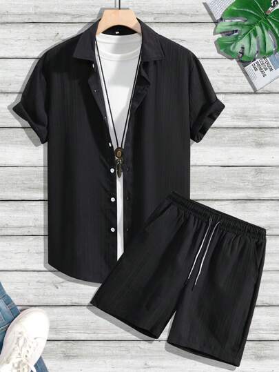 NEOREFINED Men Solid Shirt & Drawstring Waist Shorts Without Tee, Holiday Holiday