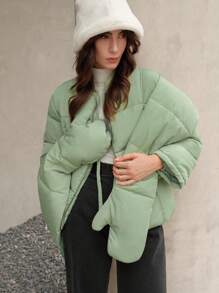 Anewsta Solid Zip Up Padded Coat With Scarf - Mint Green - View 4