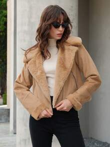 Anewsta Cắt tỉa Xe máy Phong cách Áo khoác - Lạc đà - Xem 5