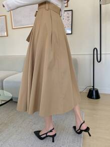 DAZY Solid Belted Flare Skirt - Khaki - View 2