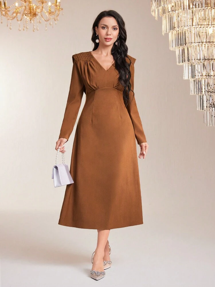 Solid Ruched Shoulder Pad Dress Long Evening Dresses