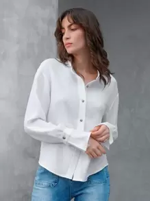 Anewsta Women's Drop Shoulder Button Front Shirt Fall Cloth For Women - White - View 6