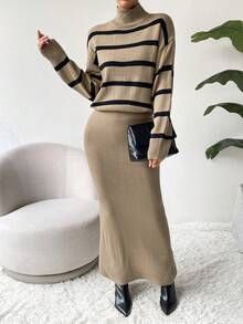 SHEIN Essnce Falda tejida con suéter con patrón de rayas de cuello cisne de hombros caídos - Caqui - Ver 4