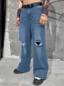 Manfinity LEGND Loose Fit Men's Distressed Wide Leg Denim Jeans Without Belt