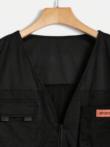 SHEIN EZwear 大碼字母補丁細節翻蓋口袋拼接滾邊落肩袖拉鍊飛行員夾克 - 黑色 - 查看 3